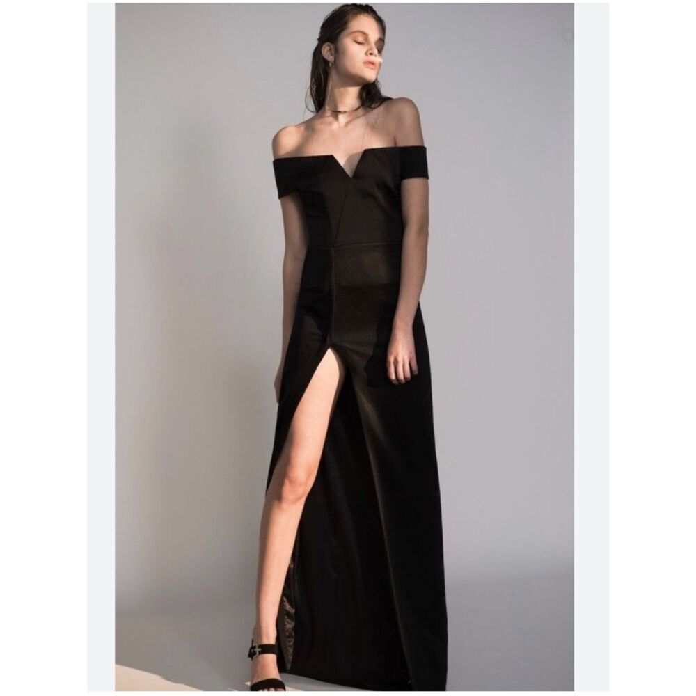 Galvan London Off-Shoulder Black Maxi Evening Gown/Dress 10 Slit NWT Formal
